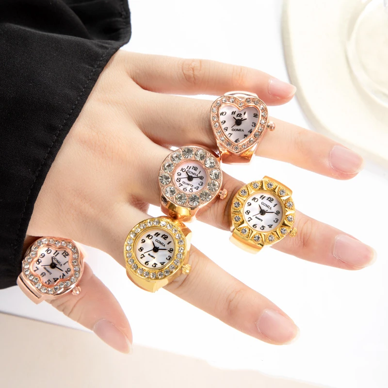 New Hot Selling Inlaid Rhinestone Quartz Ring Watches for Women&Men Star Heart Rose Golden Alloy Shell Student Finger Accessory