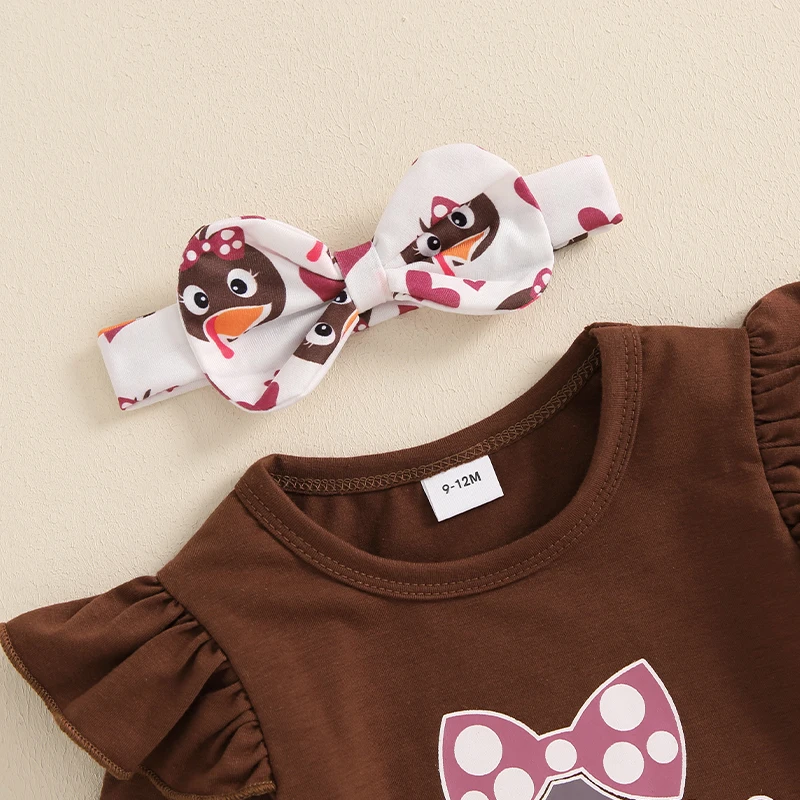 Tenue de Thanksgiving pour bébé fille, barboteuse à manches longues, pantalon évasé, bandeau de sauna à nœud, imprimé dinde, automne, 2024, 05, 20