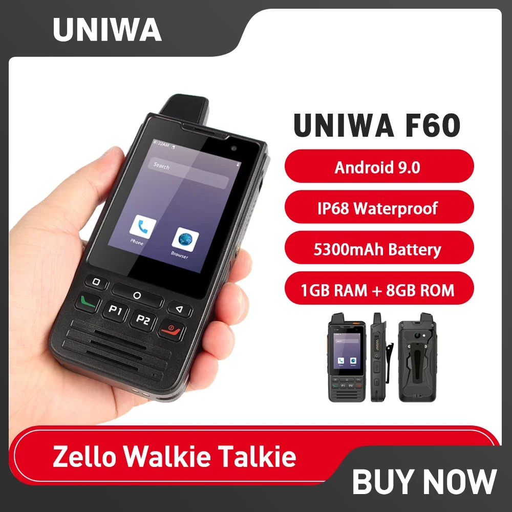 Uniwa f60 zello walkie talkie ip68 smartphone android 9 2,8 zoll 1gb 8gb handy fm radio 5300mah 4g handy mit ptt gps