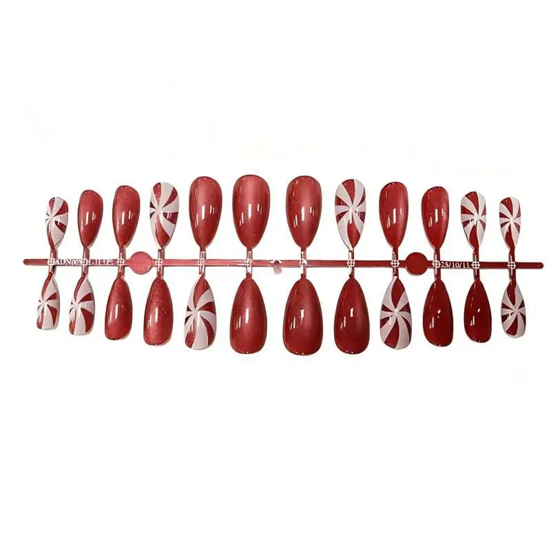 Presse de noël sur les ongles œil de chat rouge amande bâton d'élan bonbon sur les ongles avec colle pointes acryliques brillantes et réutilisables