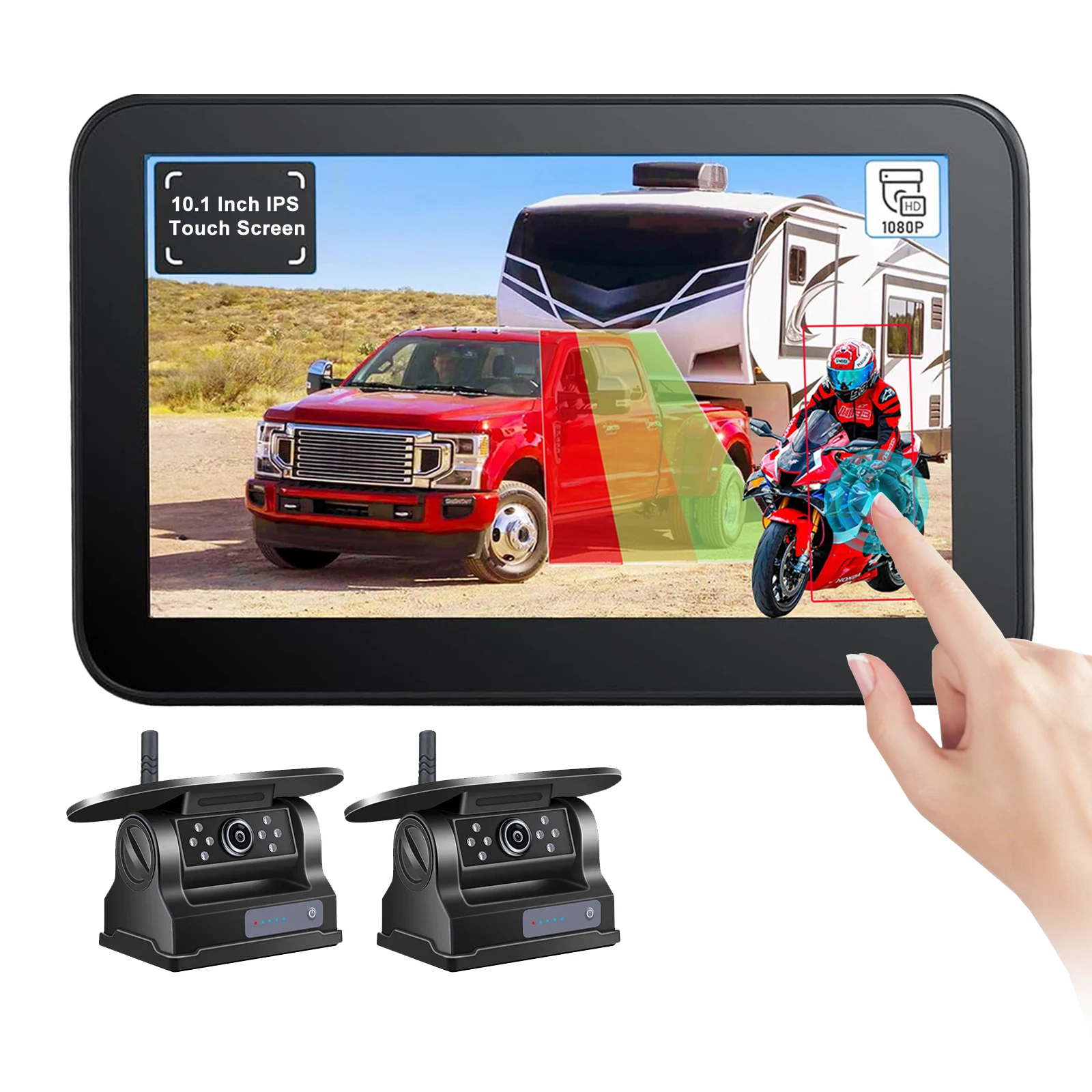 

iPoster Digital Wireless 10.1 Inch Touch Screen DVR Monitor with BSD Ai Detection 1/2x Solar Backup Cameras For Truck Caravan Rv