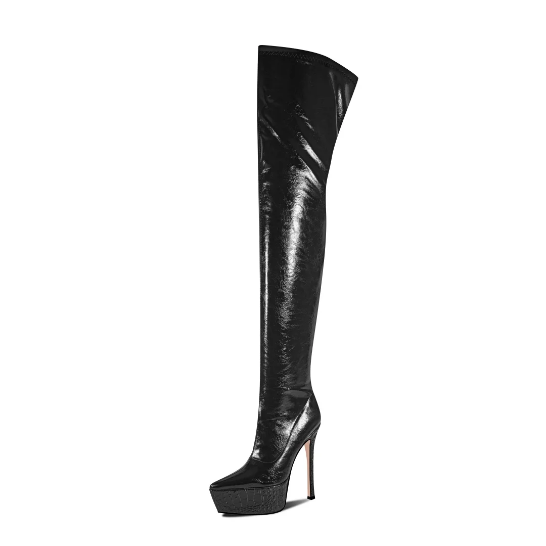 Women Platform Thigh High Boots Pointed Toe Stiletto Heel Zipper Fashion Statement Footwear for Club Party Evening Performance