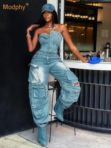 Modphy 2025 New Strapless Multi Pocket Perforated Waist Slim Spicy Girl Style Bra Wide Leg Denim Jumpsuit Female Streetwear