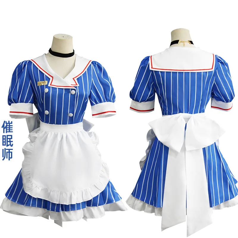 Anime Hypnotist Maid Uniform Cosplay Full Set Striped Maid Dress Aqua Twin Ponytail Wig For Role Play - view 3
