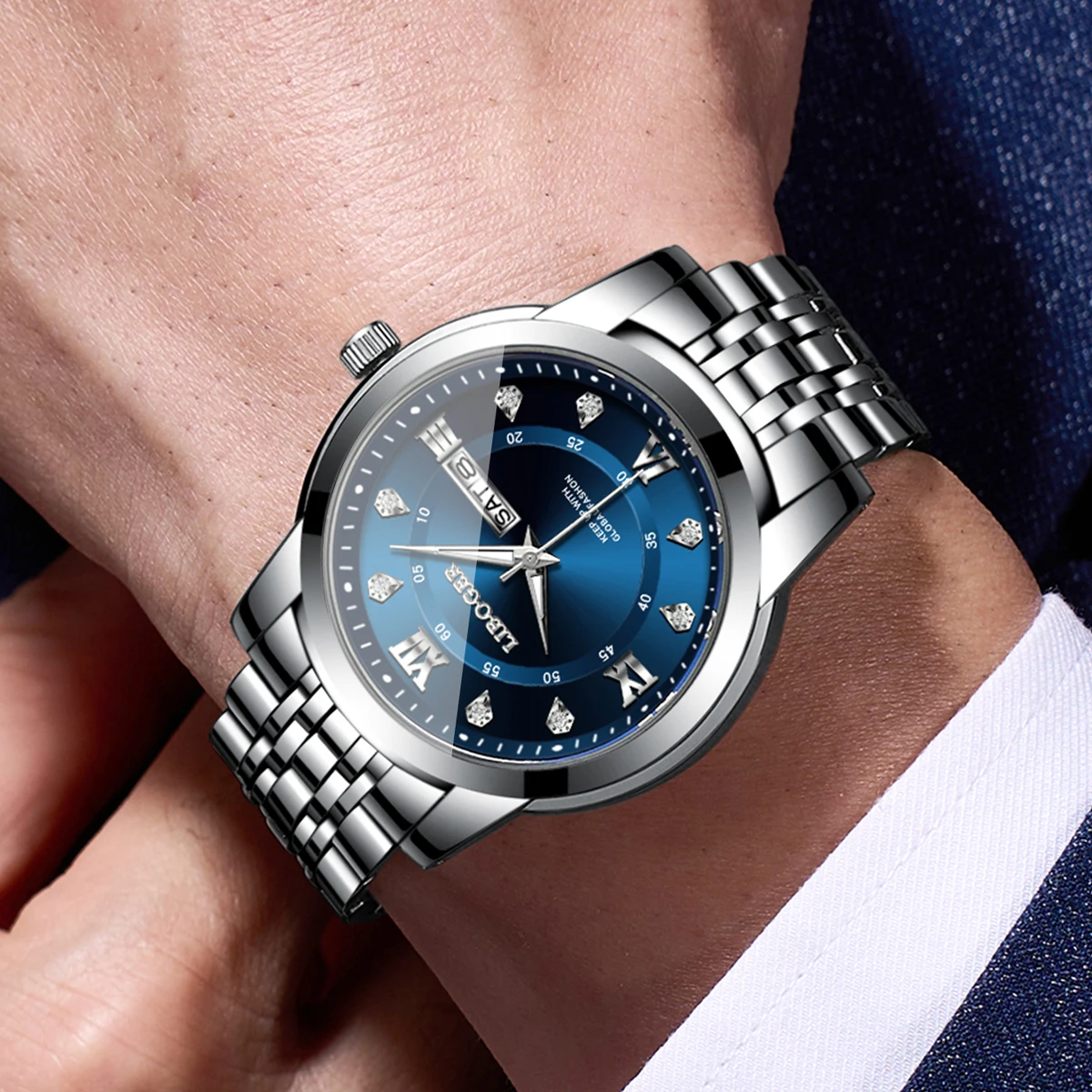 Fashion Diamond Blue Dial Men Business Watches Stainless Steel Strap Calendar Quartz Wristwatch Relogio Masculino（Without Box）