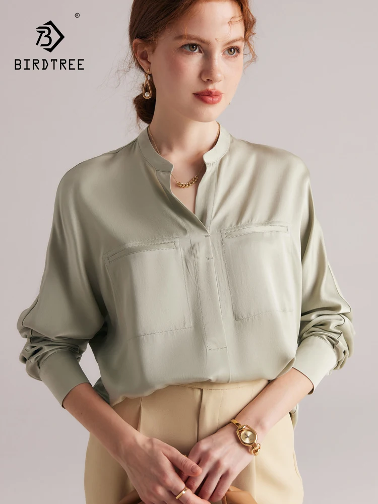 Birdtree 100%Mulberry Silk Women Solid Blouses V Neck Chest Pockets Chic Shirt 2023 New Fall Winter Office Lady Tops T38216QC