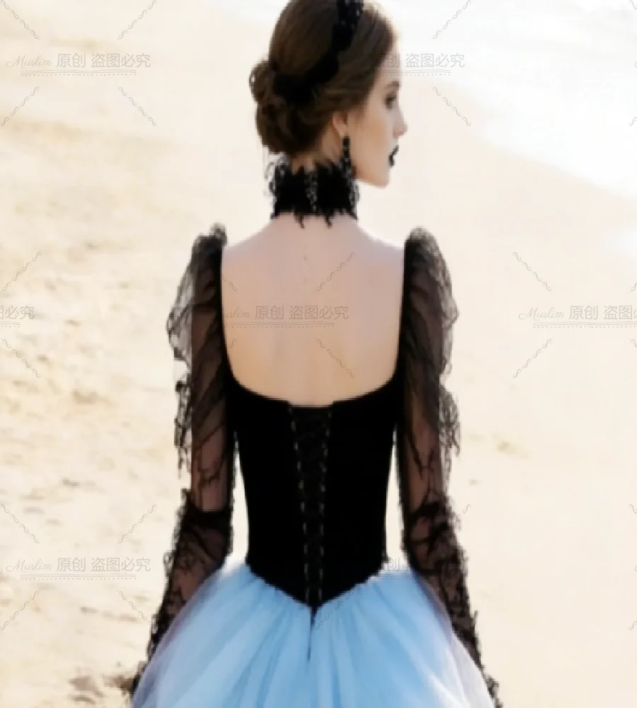 Unique Light Blue With Black Gothic Wedding Dress Destination Long Sleeve A Line Bohemian Beach Bridal Lace Boho Elopement Gowns