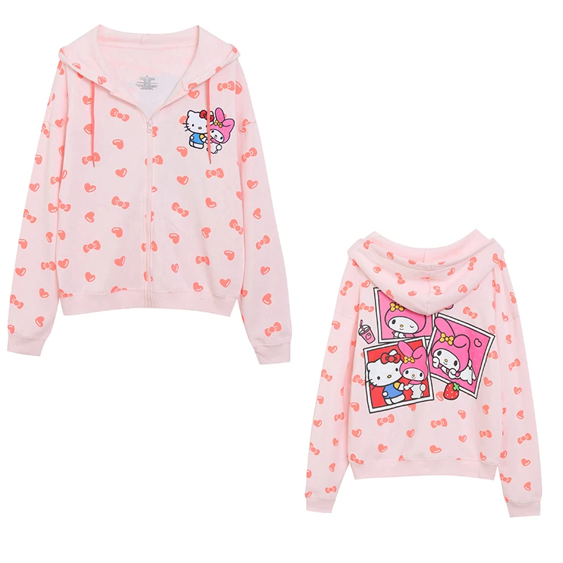 Winter Hello Kitty Hooded Sweatshirt Loose Lazy Sweet Versatile Plus Velvet Cardigan Jacket Cartoon Printing Coat Clothes Gifts