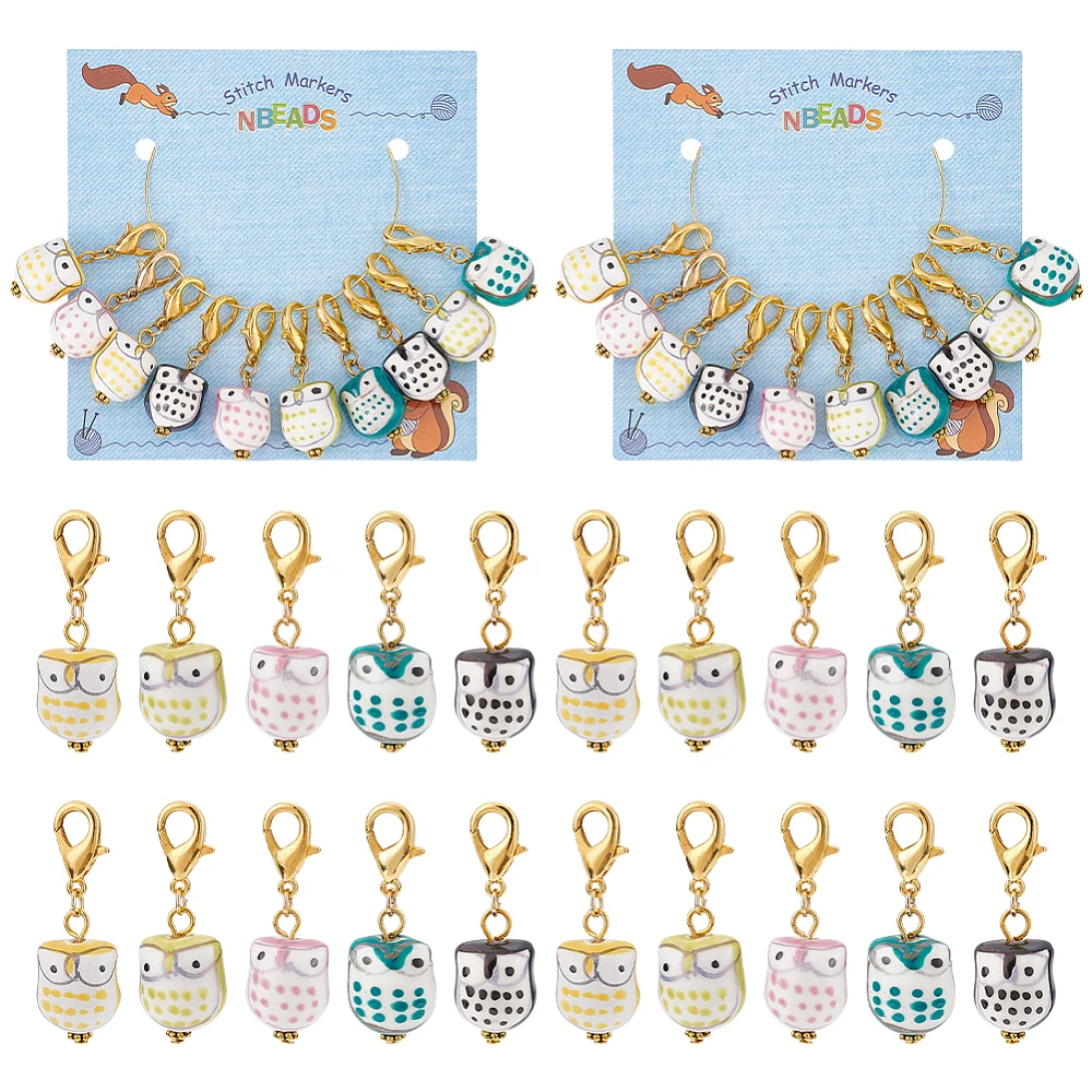 

20Pcs 5 Color Handmade Porcelain Crochet Lobster Clasp Charms Locking Stitch Marker with Wine Glass Charm Ring Owl