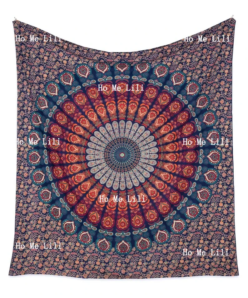 Mandala Tapestry Wallhanging In Blue Orange And Turquoise Boho Walldecor Peacock Design