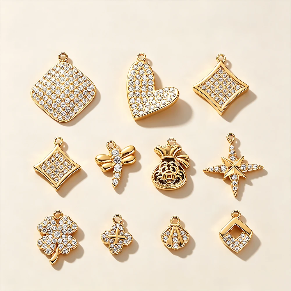 

3Pcs 316L stainless steel pendant, including full diamonds, money bag, heart, shell, octagonal star, gold-plated color complete