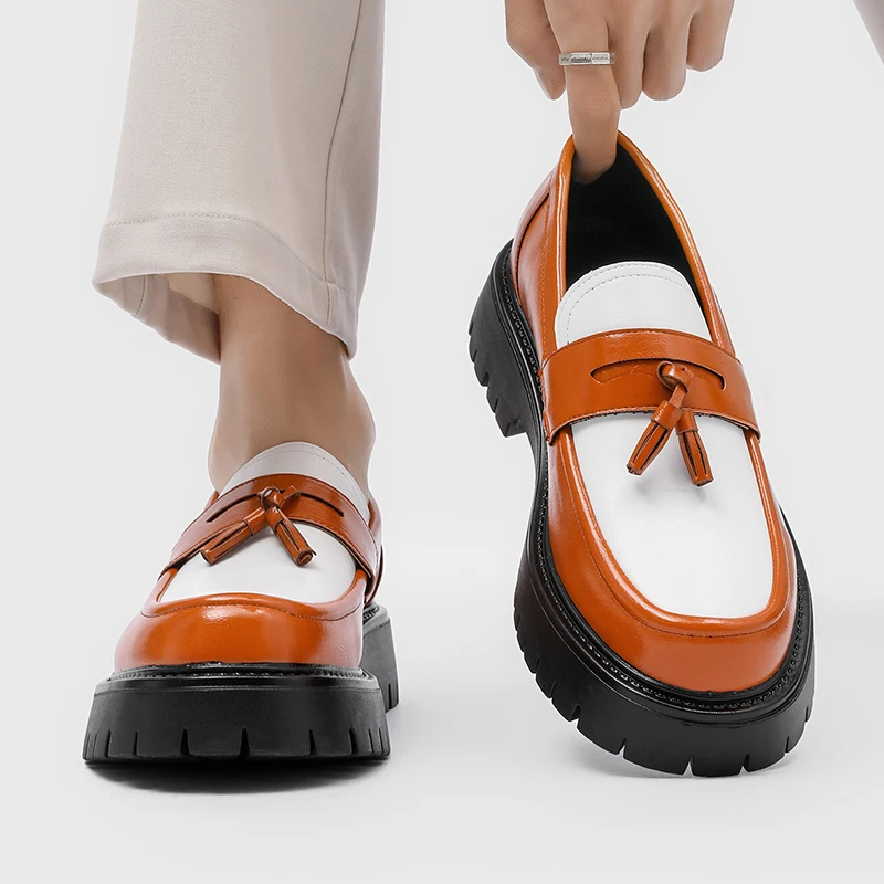 

Spring Autumn Color Blocked Tassel Thick Soled Loafers High-end Youth Fashion Shoes That Are Non Slip and Breathable