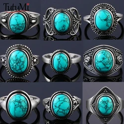 S925 Sterling Silver Vintage Ring With Natural Turquoise Stone Rings Oval and Round Shape Flower Carved Rings For Women Men