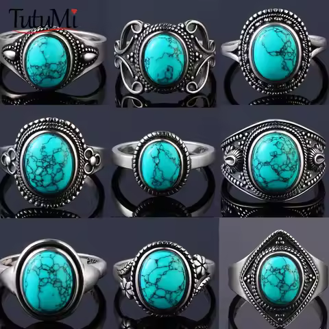 S925 Sterling Silver Vintage Ring With Natural Turquoise Stone Rings Oval and Round Shape Flower Carved Rings For Women Men