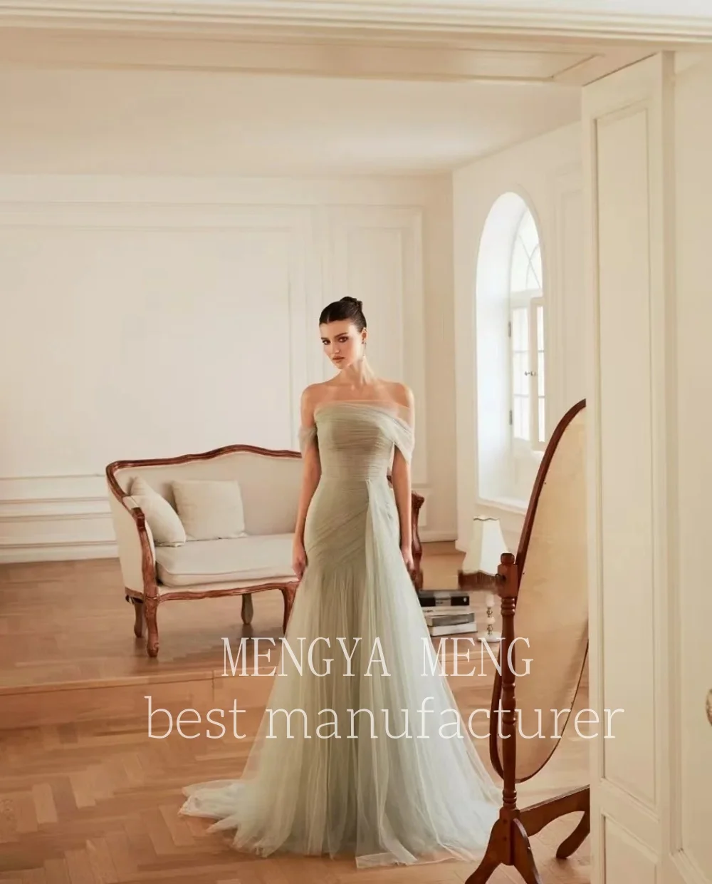 ZHUISHU Soft Green Tulle Evening Dress Simple Off The Shoulder A Line Prom Gown Flowy Fairy Korea Prom Party Dress Customized