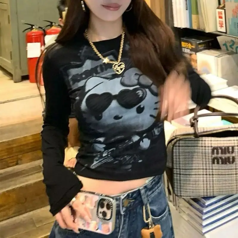 

Hello Kitty Dark Academia Women'S T-Shirt Comfortable Cotton Long Sleeve Tees Y2k Gothic Clothing Cartoon Print Slim Fit Tops