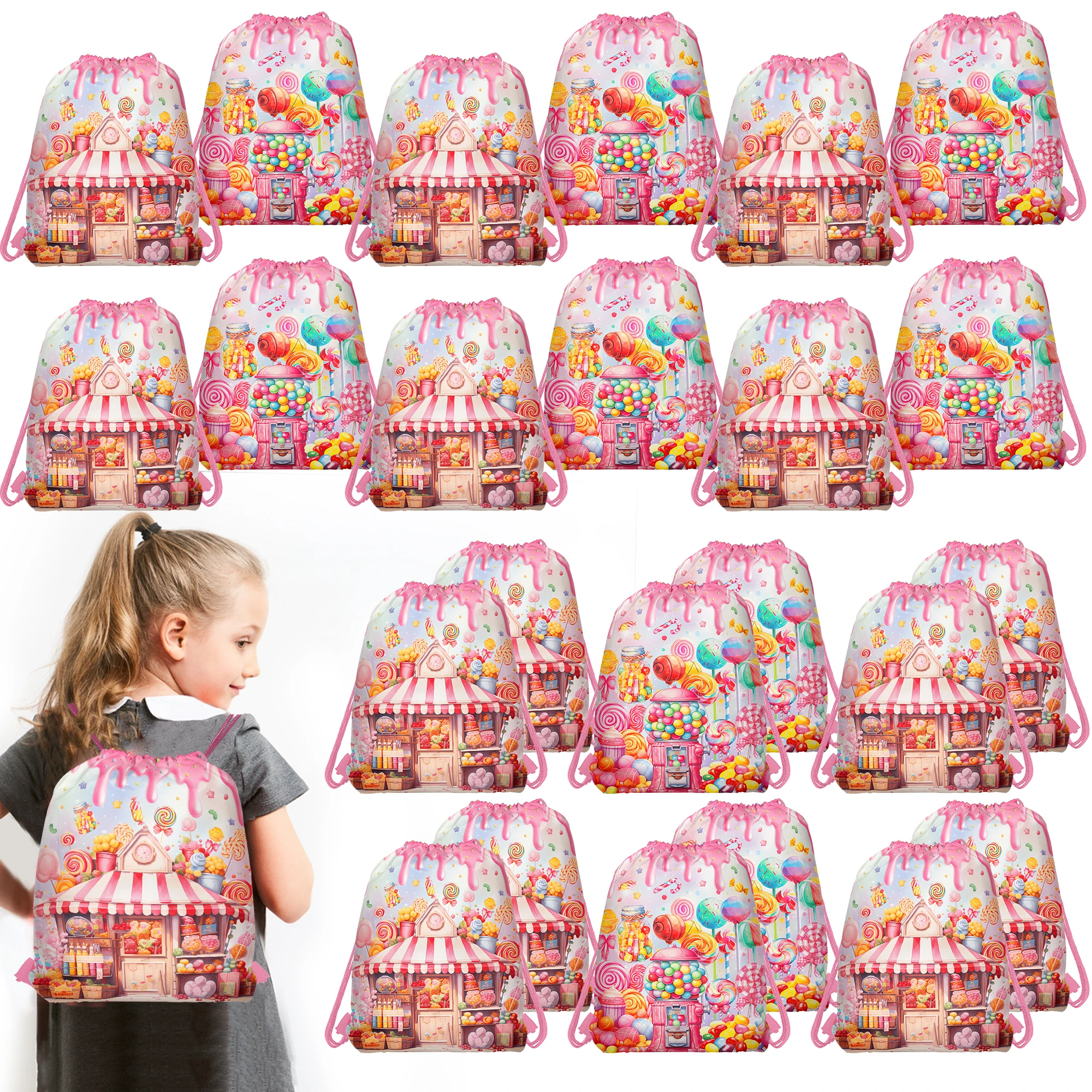 10pcs Candy House Non-woven Gifts Bag Drawstring Backpack Outdoor Activity Packing Storage Bags Birthday Gift Bag Supplies