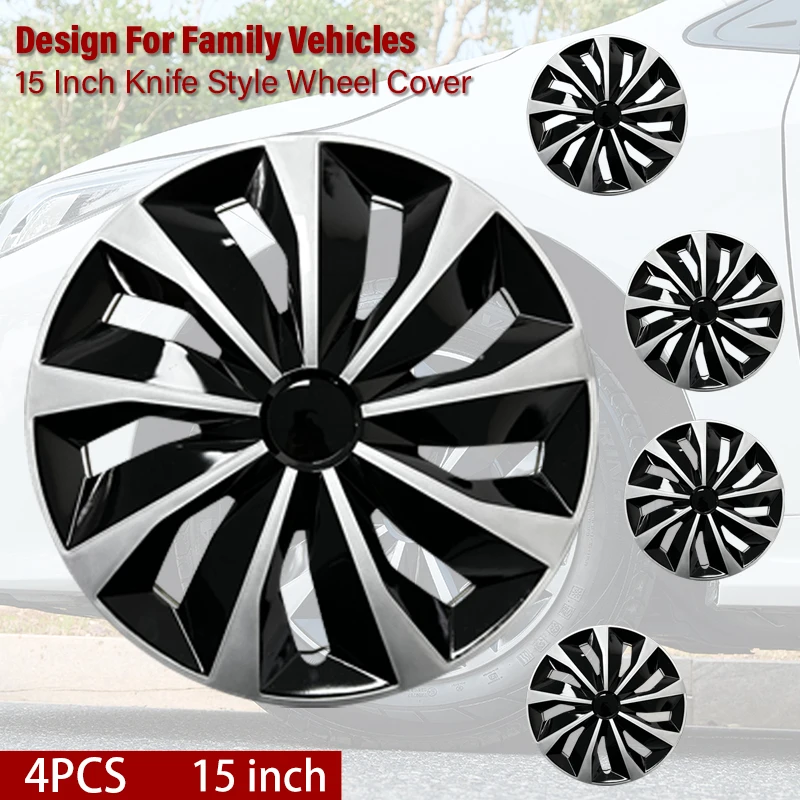 15 inch Knife Style Hubcaps Black & Silver Wheel Covers for Cars Set of 4 Fits Honda Volkswagen, Chevy, Mazda,Dodge Hub Caps