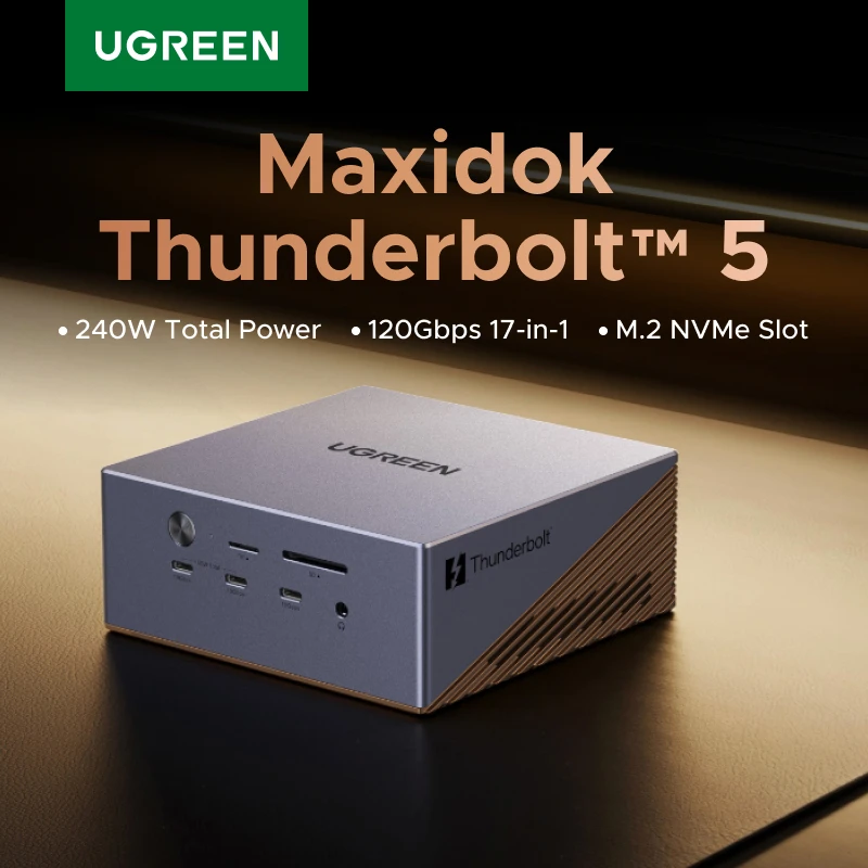 UGREEN Thunderbolt5ドッキングステーション M.2 NVMe 3xTBT5 デュアル/シングル 8K60Hz 6x10Gbps USB-C&A 140W充電 2.5GbE冷却システム