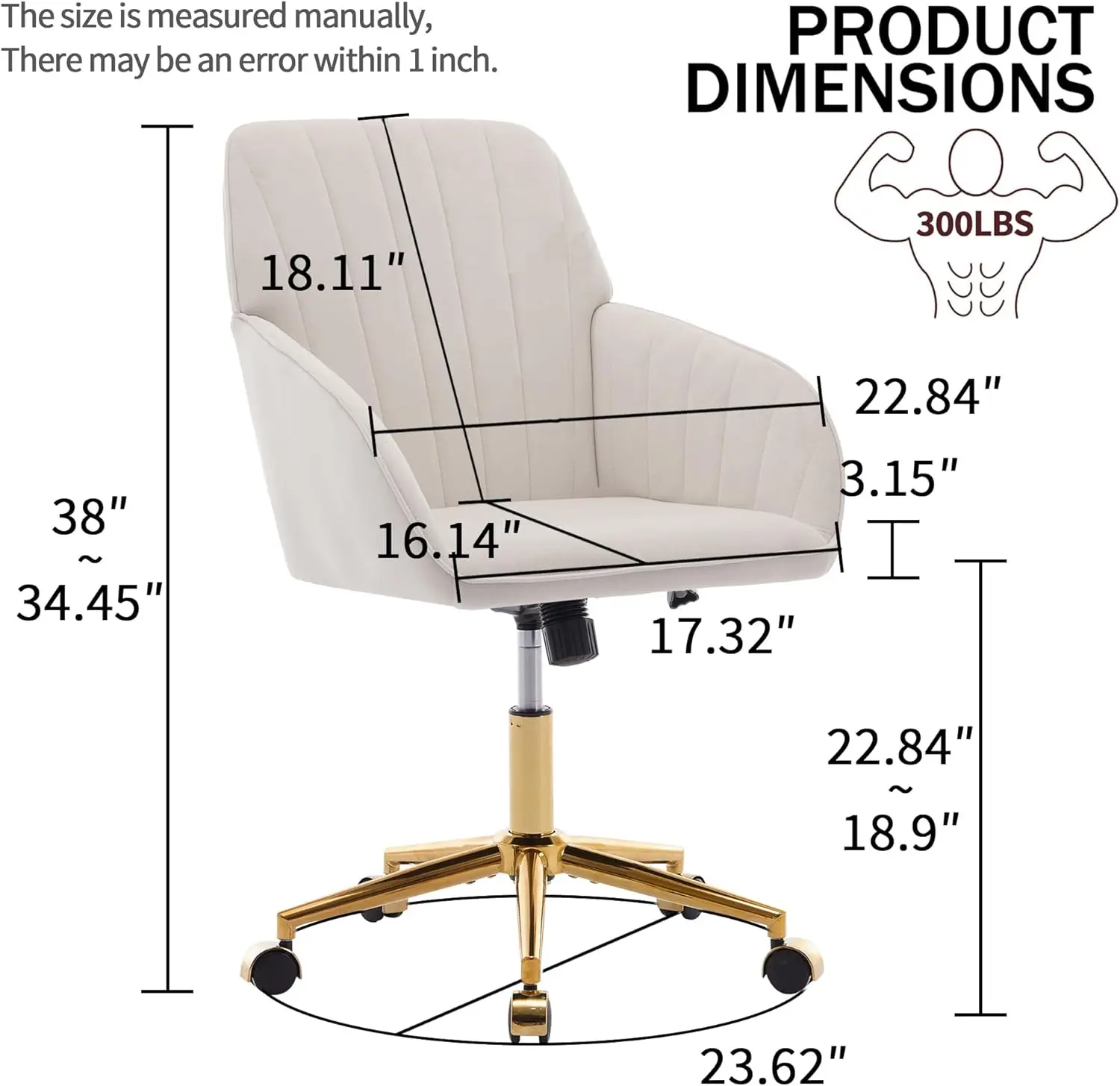 Velvet Home Office Chairs with Gold Base Upholstered Tufted Modern Height Adjustable 360 Degree Swivel Desk Chairs with Wheels,