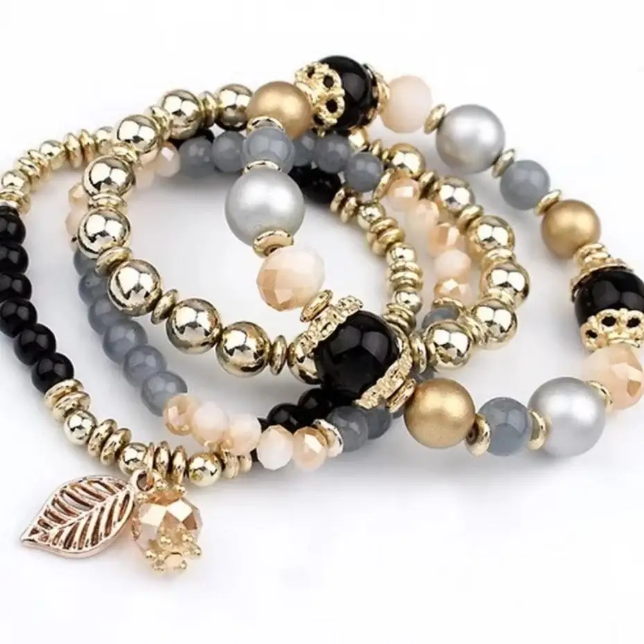 Beautiful 4 Pcs Fashionable Simple Crystal Bead Pendant Branches Leaves Versatile Multi-layer Bead Temperament Women's Bracelet
