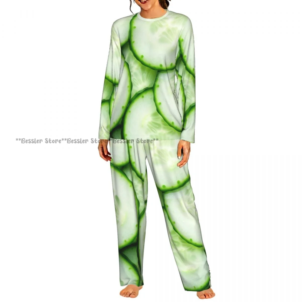 2 Piece Loungewear Women Pajama Sets Cucumber Slices Background Soft Homewear Sleepwear Long Sleeve Nightwear