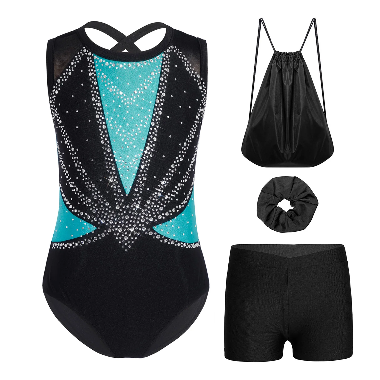Teen Girls Ballet Dance Gymnastics Outfits Sleeveless Shiny Rhinestones Figure Skating Acrobatics Leotard with Shorts Backpack