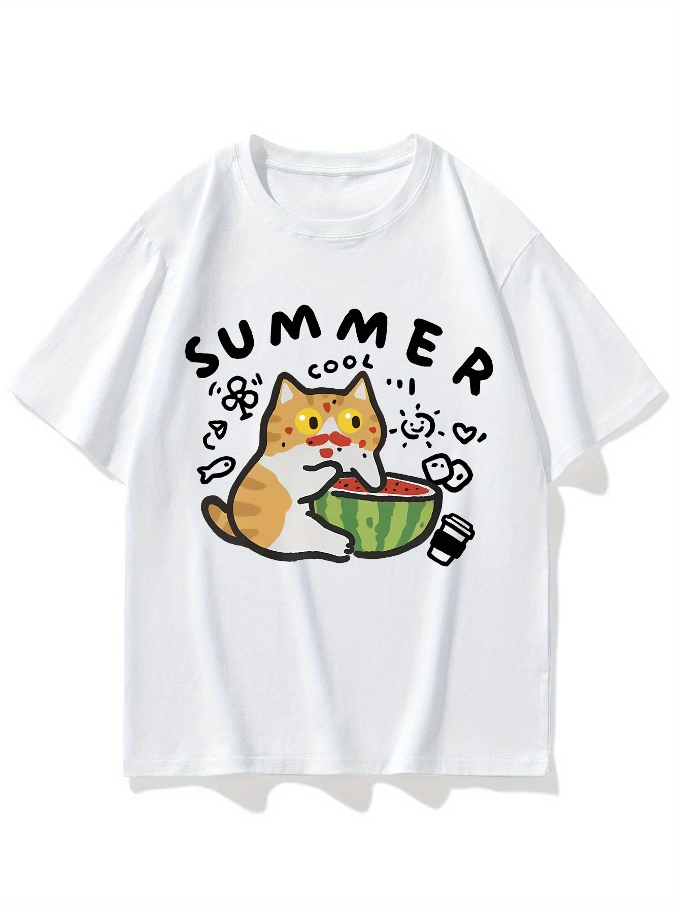 Funny Summer Cat Eating Watermelon Graphic T-Shirt Women Kawaii Kitten Print Tee Harajuku Casual Vacation Short Sleeve Tops