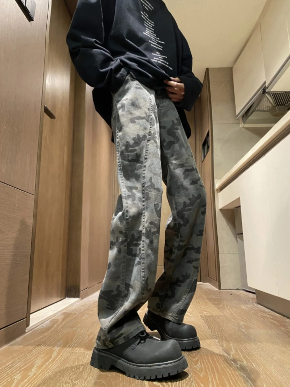 

Мужские джинсы прямого кроя в стиле американского ретро с камуфляжным принтом, весна 2024, модные, универсальные, молодежные, износостойкие