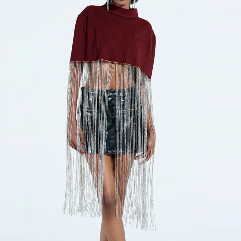 Women's Casual Shining Solid Color Loose Tee Fashion Stand Collar Cape Pullover Tops Elegant Tassels Splicing Club Party Blouse