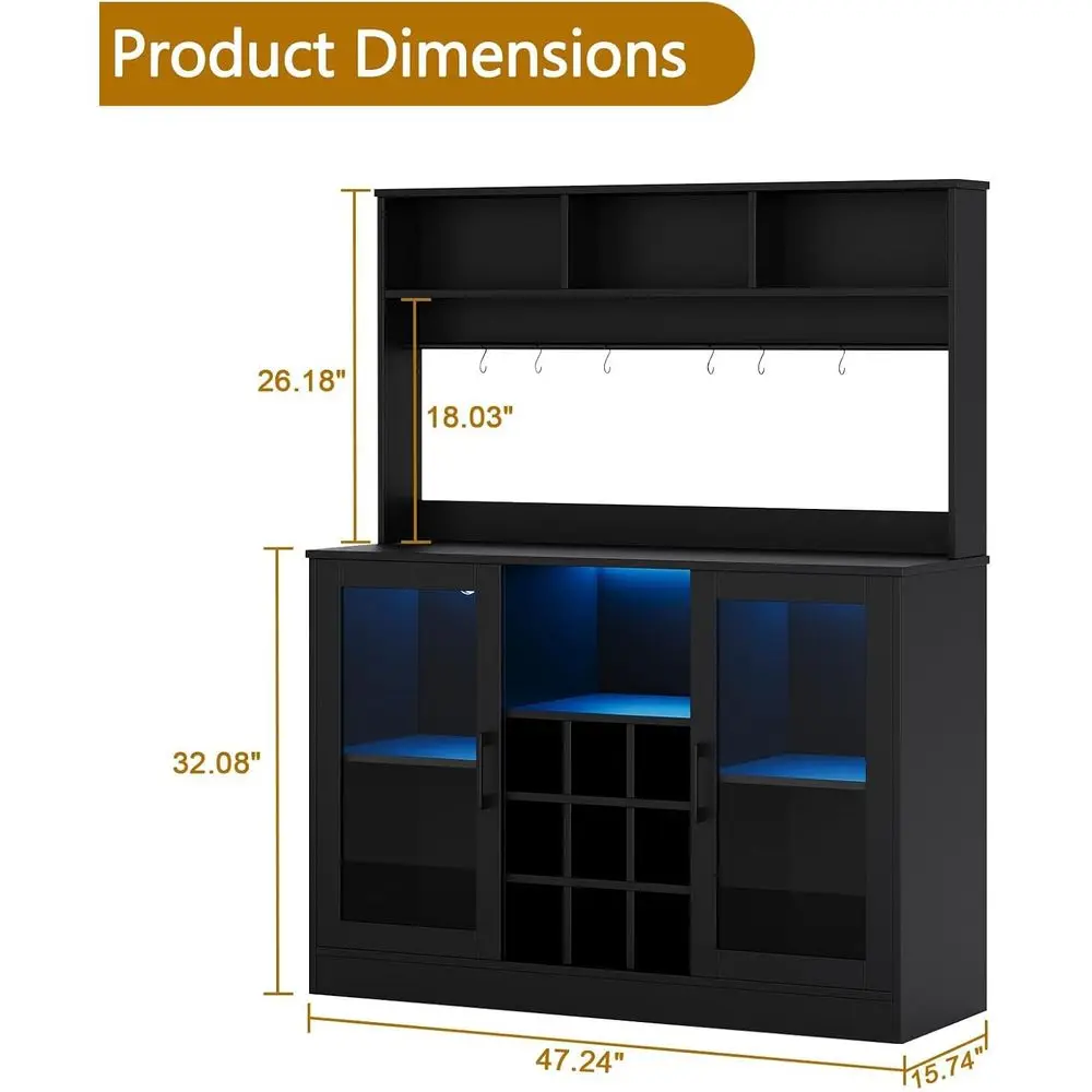 LED照明付き9本用ワイン＆リキュールキャビネット、電源コンセント付き、調節可能な棚、ブラック、47.2D x 15.74W