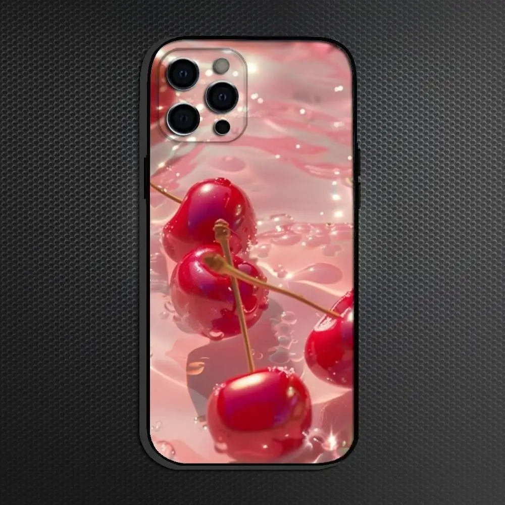 Cherries Floating  Pink Water Phone Case For iPhone 16,15,14,13,12,11 Plus,Pro Max, Others Soft Black Cover