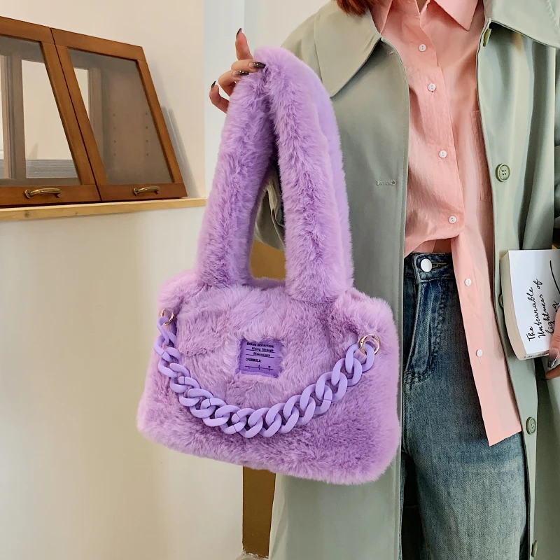 

Vintage Faux Fur Totes Handbags and Purse Women Shoulder Bags 2022 New Winter Designer Soft Ladies Messenger Bags High Quality