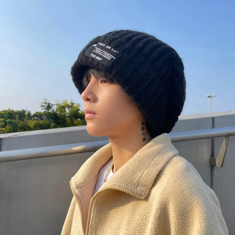 Unisex Hat Autumn Winter Trendy Couple Knitted Hat Warm Versatile Loose Fit Big Head Knit Hat