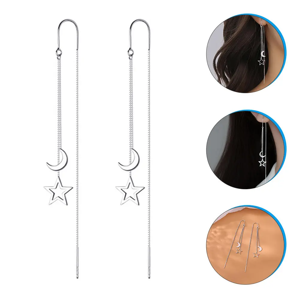 Star Moon Threader Earrings for Women – Lightweight Copper Dangle Ear Jewelry, Trendy Minimalist Design