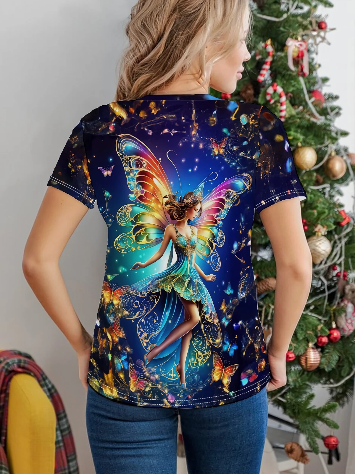 Piękny motyl wycięcie pod szyją t-shirt z nadrukiem, codzienny Top z krótkim rękawem na wiosnę i lato, odzież damska