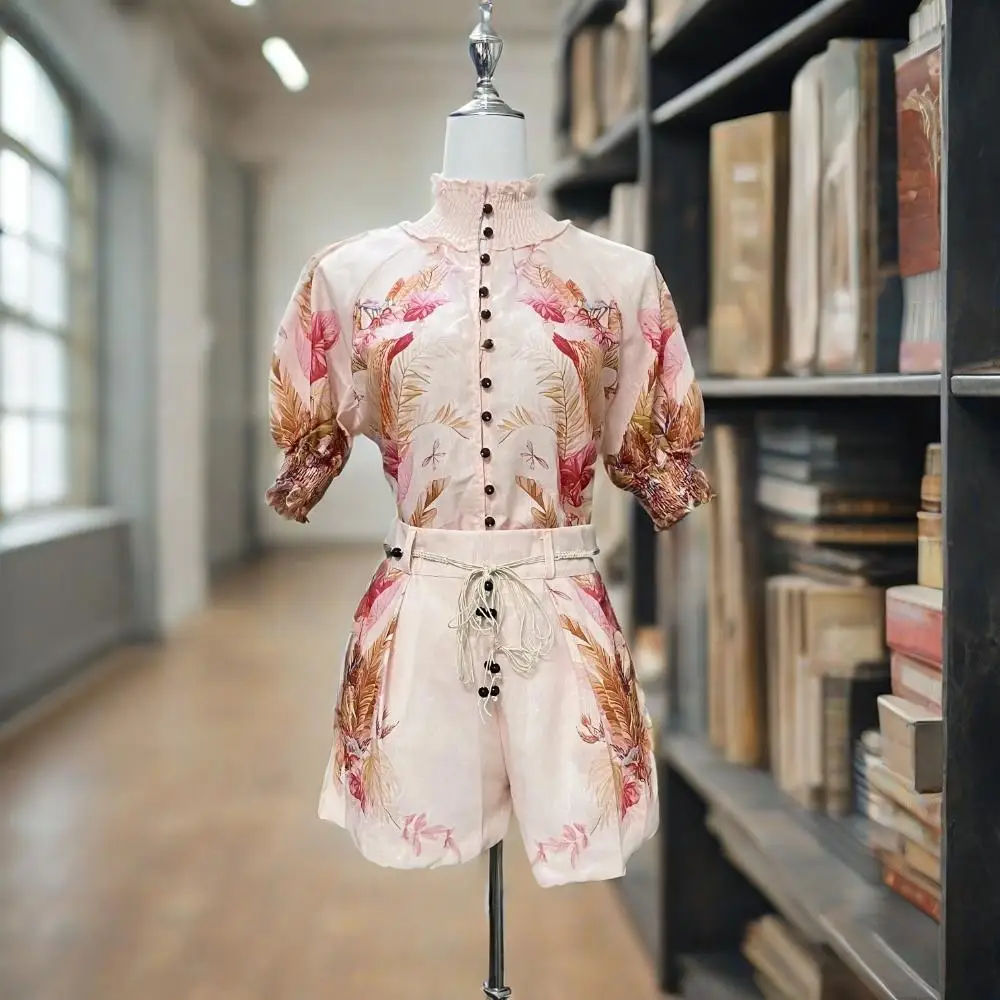 

...Ramie Smart And Elegant French Romantic Printed Lantern Sleeve Blouse High Waist Linen Shorts Women Vacation Casual Set