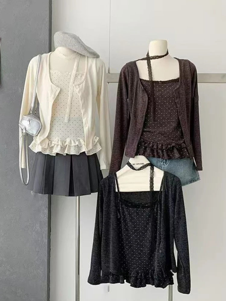 Damen Koreanischer Y2K Harajuku Vintage 2-Teiliges Set Slim Fit Langarm-Oberteil 2000er Gyaru Lässige Mode Basic T-Shirt Neuerscheinung
