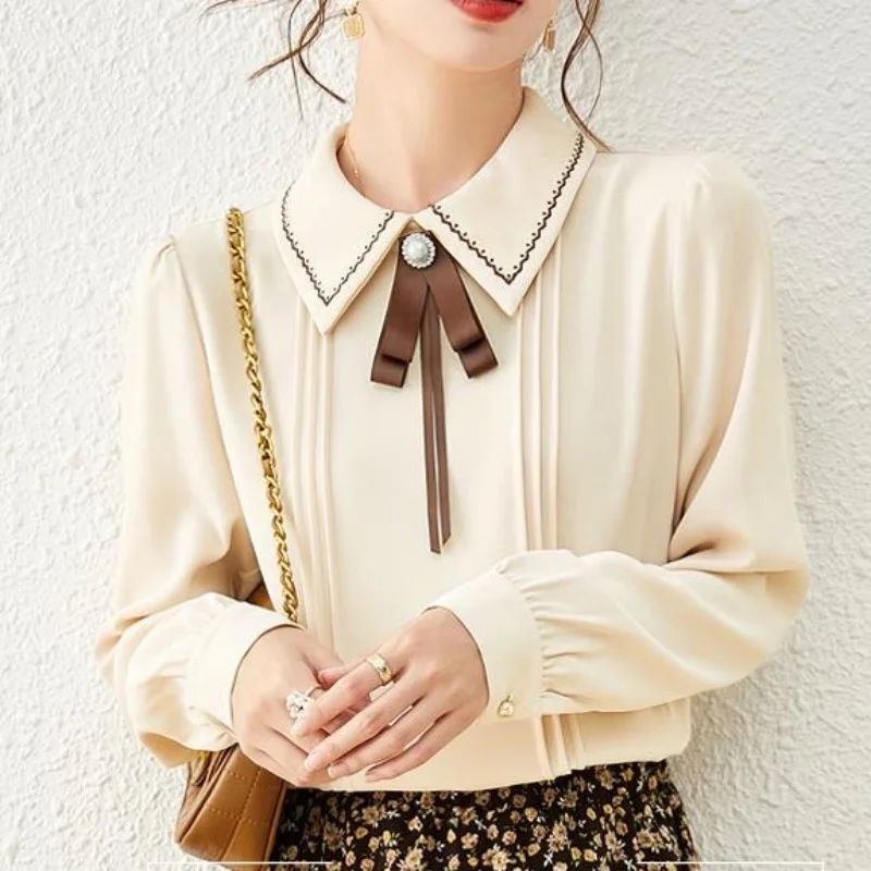 Women Spring Autumn Style Blouses Shirts Lady Casual Long Sleeve Peter Pan Collar Blusas Tops DF4655