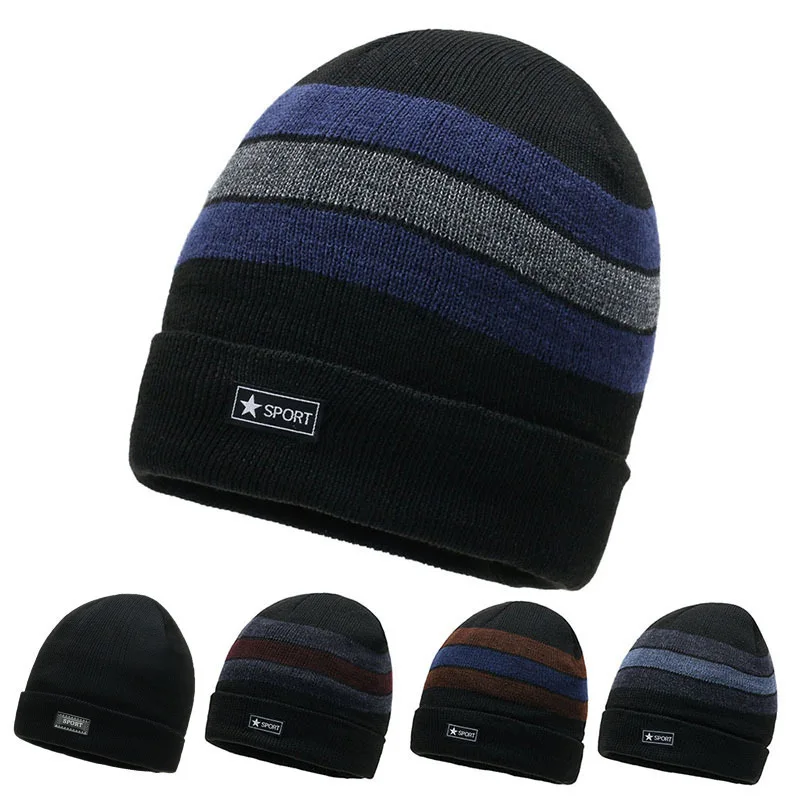 Fashion Striped Knitted Hat Winter Warm Thickened Striped Knitted Hat Wild Middle-aged and Elderly Dad Hat Grandpa Hat