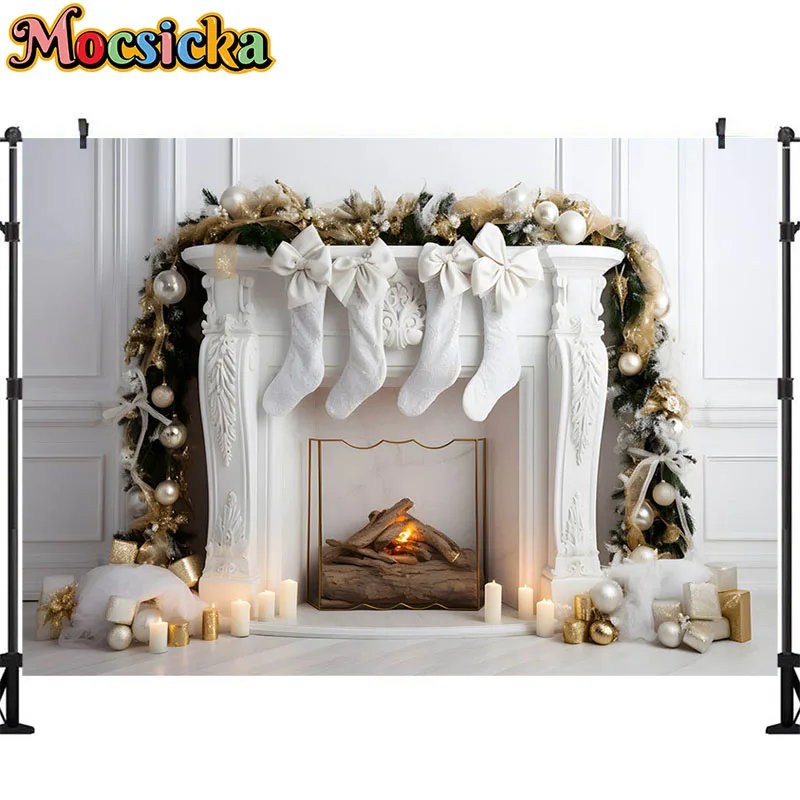 Mocsicka Christmas Backdrop Retro Fireplace Wall Candle Socks Decor Photobooth Background Kid Family Interior Photo Studio Props