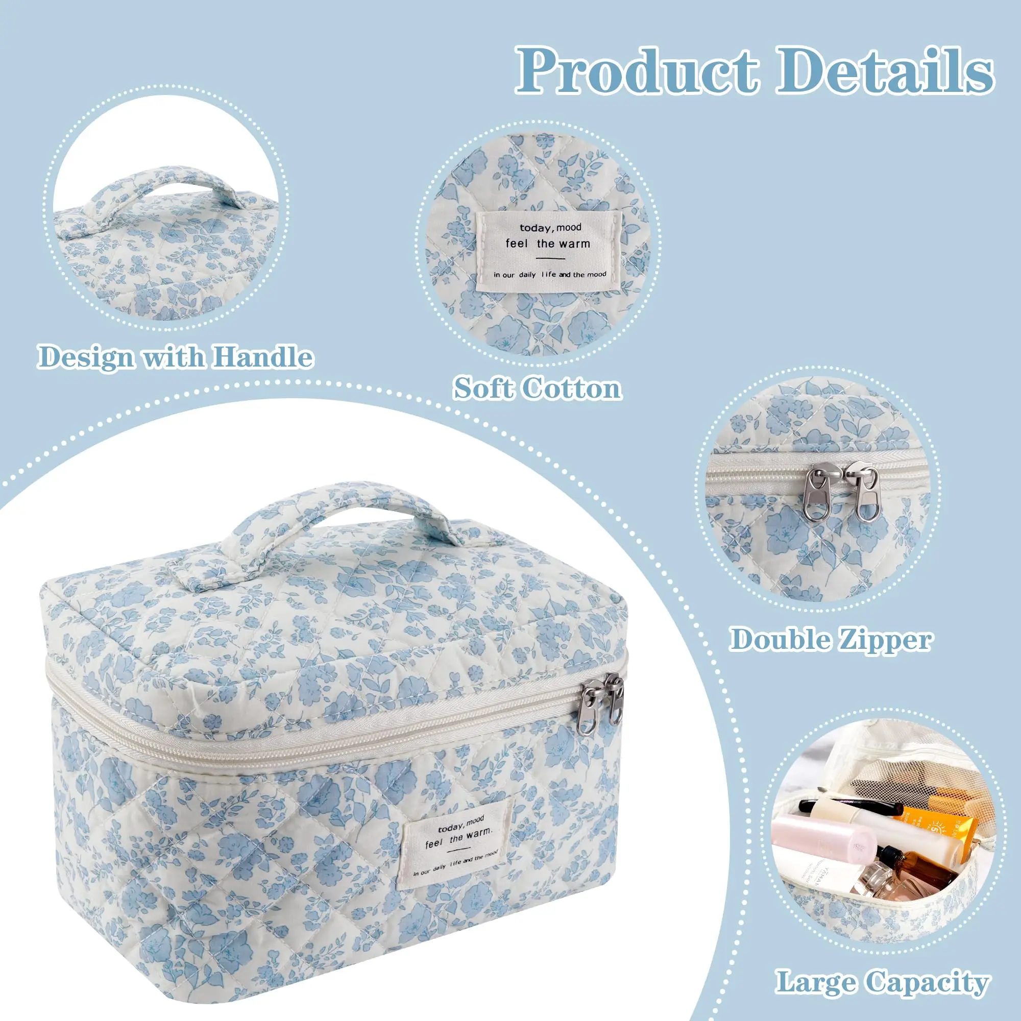 3Pcs Cotton Quilted Makeup Bag Set Women Zipper Cosmetic Organizer Female Cloth Handbag Portable Toiletry Case for Girls