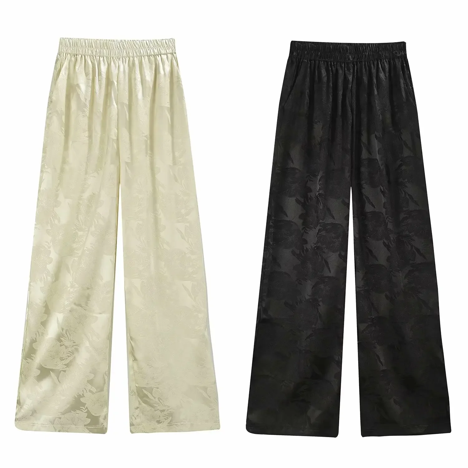 

Women's 2024 New Fashion Jacquard Decoration Loose Side Pocket Casual Straight Pants Retro Elastic Waist Women's Pants Mujer