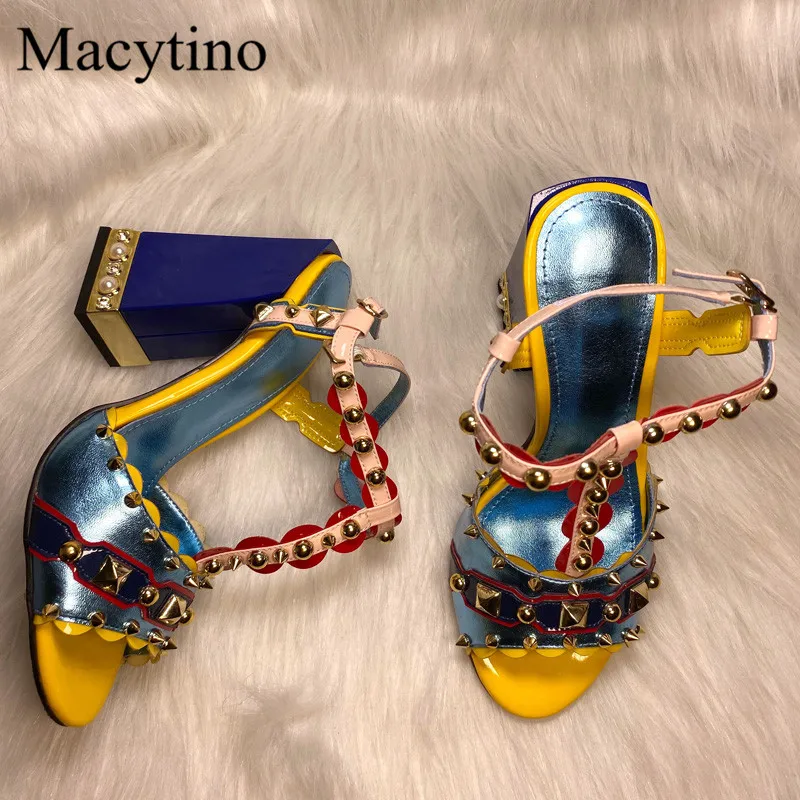 Stud T-strap Design Ladies High Heel Sandals Round Toe Chunky Heel High Heel Sandals Fashion Party Sandals