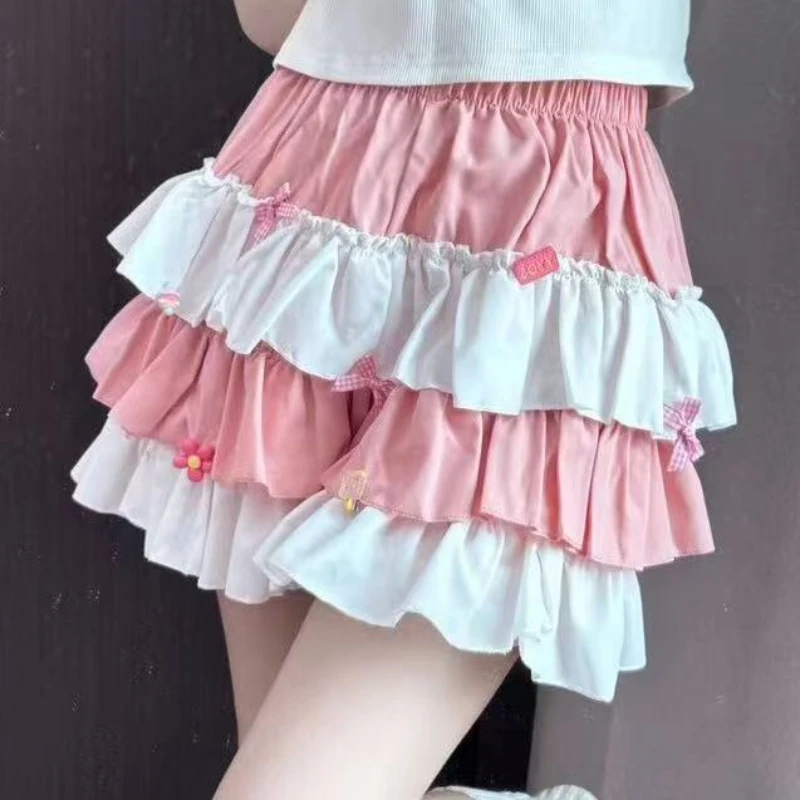 

Japanese Sweet Cake Mini Skirt Women Elastic High Waist Slim A-line Ball Gown Skirts Kawaii Contrast Color Y2k Clothes