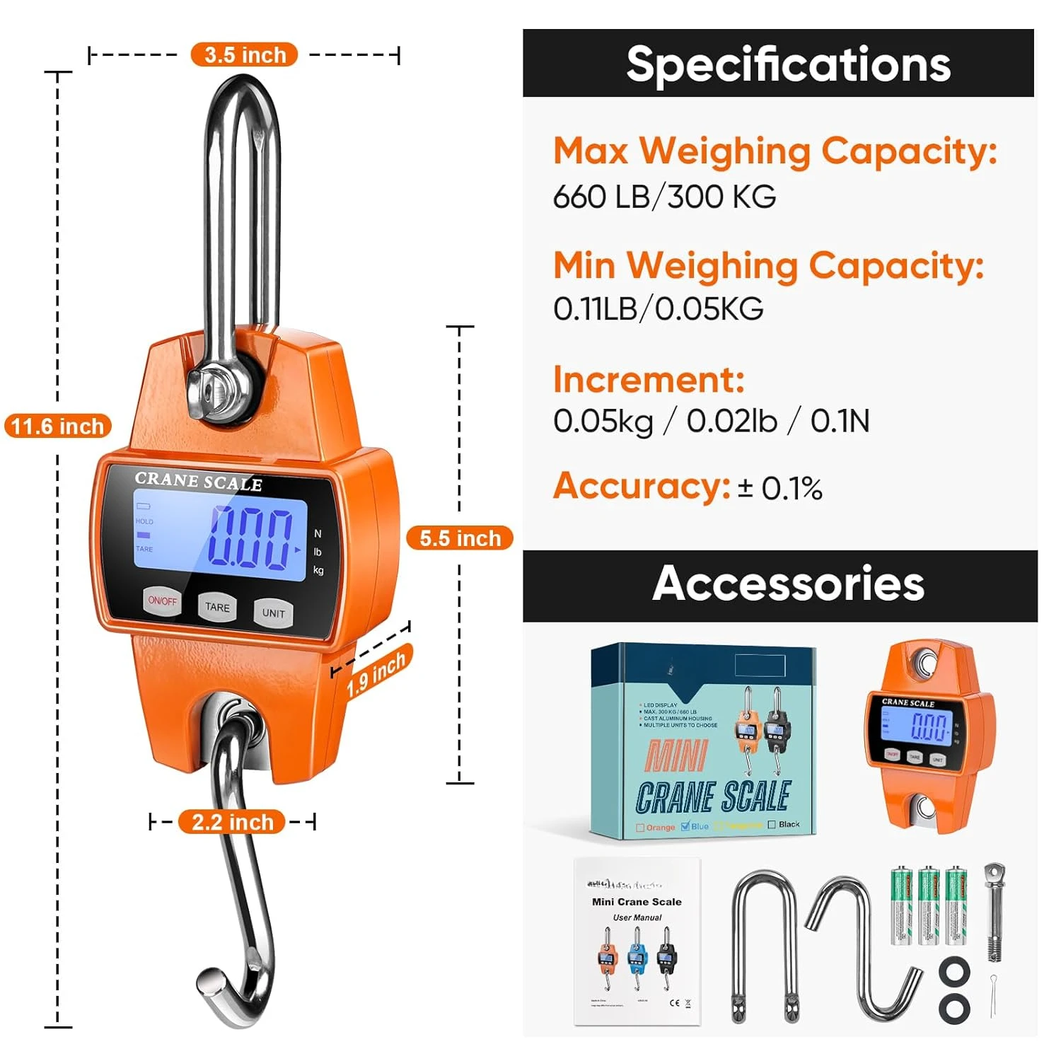 Цифровые подвесные весы 660 фунтов с литым алюминиевым корпусом, портативные мини-крановые весы 300 кг с крючками для фермы, охоты, рыбалки на открытом воздухе