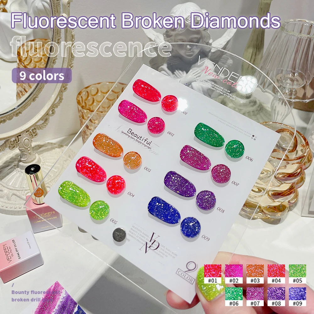 Vendeeni 9 Colors/Set Glitter Broken Diamond Gel Nail Polish Semi Permanent Fluorescent UV LED Soak Off Gel Varnish With Display