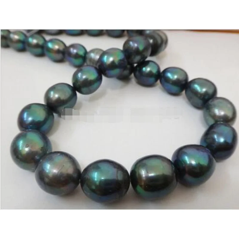 Wholesale HUGE 18inch 12-15MM NATURAL TAHITIAN GENUINE BLACK PEACOCK GREEN OVAL PEAA RL NECKLACE