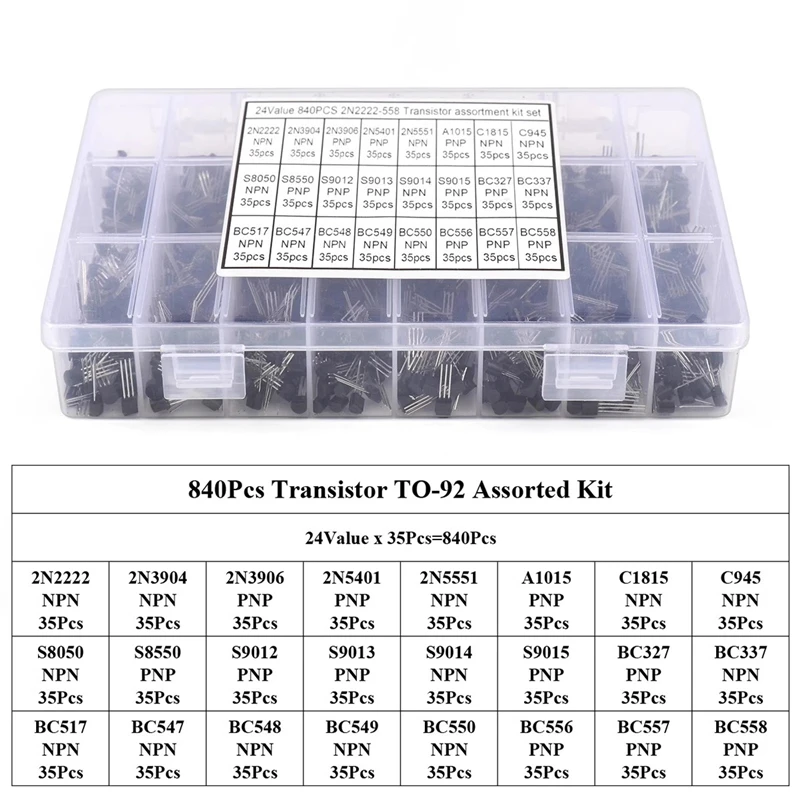 

840PCS TO-92 diode transistor set, 24 specifications, 35 pieces each NPN PNP