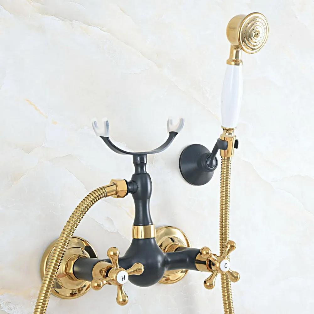 

Polished Gold & Oil Rubbed Brass Wall Mounted Bathroom Shower Faucet Set with 1.5M Hose Handheld Spray Head Mixer Tap Dna541